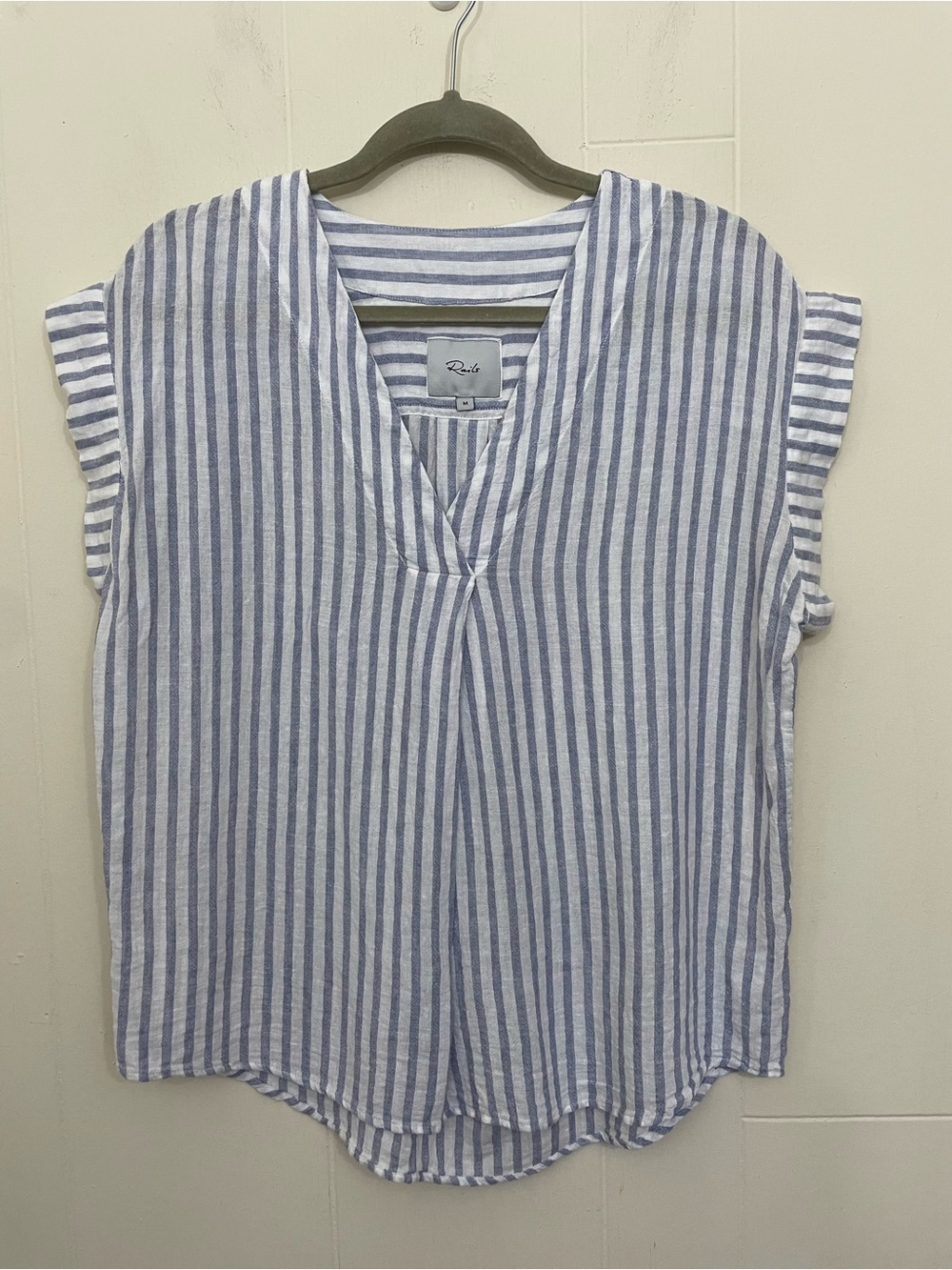 Rails Nala Popover Blouse Size M Blue Iris Stripe Linen Rayon Coastal Chic Beach